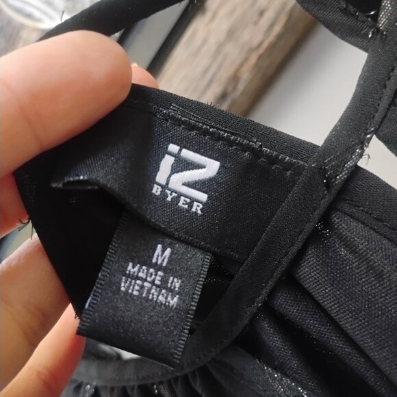 Byer M Black Sheer Chiffon Blouse Metallic Dot Pattern Open Shoulder Tiered Bell - Picture 4 of 10